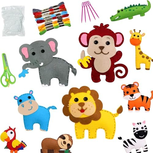Habarri Nähset für Kinder – Kreatives DIY Filz Bastelset für Spiel, Spaß und Entwicklung, Filz Bastelset Kinder, Kreativset für Geschenk Mädchen/Junge 5 Jahre - ZOO - 10 Elemente