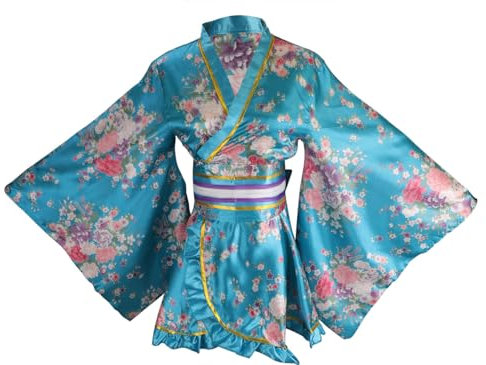ZNLFS Robe kimono japonaise pour femme - Costume de cosplay - Danse Yukata - Robe de bain en soie, bleu, Taille unique