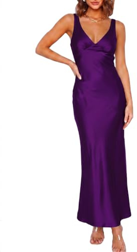 Elegantes Maxikleid für Damen, Satin, V-Ausschnitt, rückenfrei, ärmellos, seidig, mit Schleife, tiefer Rücken, formelles Cocktailkleid für Hochzeitsgäste