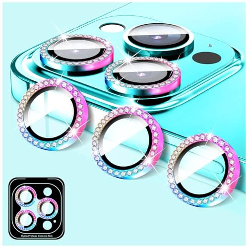 LucBuy Protezione per Fotocamera per iPhone 15 Pro/iPhone 15 Pro Max, Copertura per Obiettivo Della Fotocamera in Vetro Temperato Diamond, Anelli Metallici Autoallineanti Individuali Scintillanti