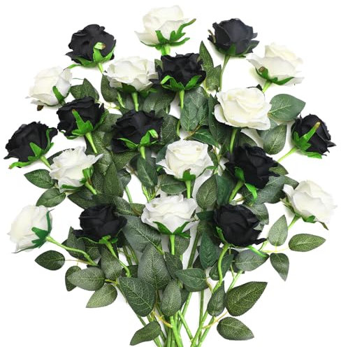JUSTOYOU 20 PCS Rose künstliche, doppelte Farbe Seide blühende Rose mit Stiel, künstliche Rose Bouquet Realistische Blume für Home Table Office Party Hochzeit Garten Arrangements (weiß und schwarz)