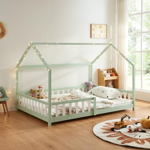 [en.casa] Kinderbett Hesel Hausbett Mintgrün 120 x 200 cm mit Rausfallschutz und Lattenrost Montessori Bodenbett Jugendbett Holzbett
