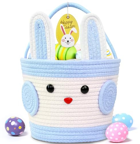 ZIOSINM Easter Basket, Cesta Pascua Niños con Asa, Cesta Huevos Pascua de Cuerda de Algodón, Canasta con Conejito Pascua (Azul)