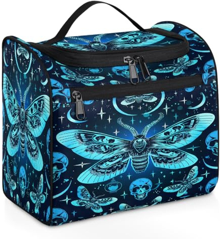 Mexpekil Mystical Kulturbeutel zum Aufhängen, Gothic-Totenkopf-Schmetterling, groß, wasserdicht, Make-up, Kosmetik, Kulturbeutel für Reisen, mehrfarbig, 10.2 x 6.5 x 9.2 inches, Kulturbeutel