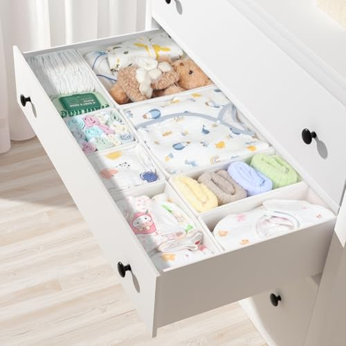 ORLISA Drawer Organiser for Clothes, Set of 8 Fabric Wardrobe Storage Organisers in 3 Sizes, Foldable & Washable, Drawer Dividers for Chest of Drawers and Bedroom, White