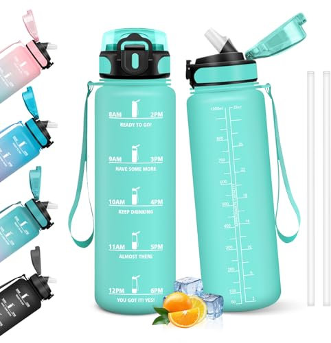 HoneyHolly Botella Agua 1 Litro, Libre de BPA & Prueba de Fugas, Botella de Agua, con Pajita, Botella Agua Gimnasio, con Marcador de Tiempo, Cantimplora para Sport, Bicicleta, Gimnasio, Escuela