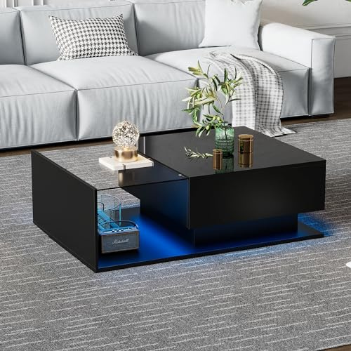 Idemon Hochglanz-Couchtisch 100x50x32 cm - mit Glasplatte und Schublade, Kratzfest, mit 1 Schublade, mit Beleuchtung, moderner Stil