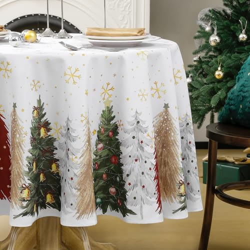 FIBORIA Weihnachtstischdecke rund 180 cm abwaschbare Weiß Tischdecke mit Weihnachtsbaum & goldenen Schneeflocken Tischtuch Groß Table Cloth für Christmas,Winter,Silvester,Festliche Weihnachtsdeko