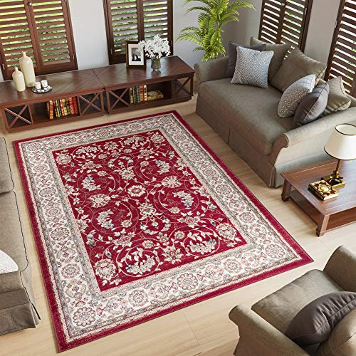 TAPISO Colorado Teppich Wohnzimmer Klassisch Kurzflor Orientalisch Rot Creme Floral Ornament Muster Traditionell Orientteppich ÖKOTEX 60 x 100 cm
