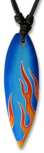 viva-adorno Halskette Surfbrett Holzanhänger Baumwollband Surfer Kette Länge verstellbar HK30, 16 Blau/Orange Flammen