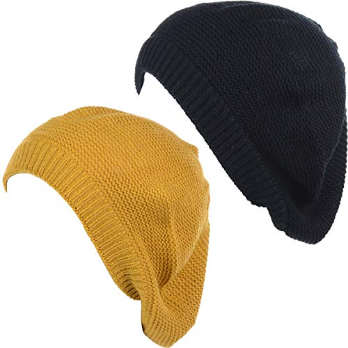 BYOS Beanie-Mütze im französischen Stil, leicht, weich, lässig, gestrickt, 2 Stück, senfgelb und schwarz, Einheitsgröße