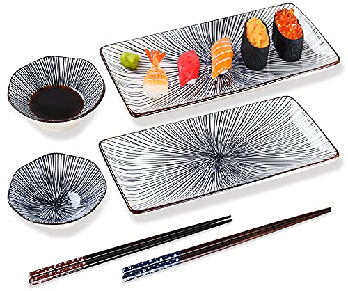 Relaxing Garden 6 piece sushi plate set, 10-inch ceramic rectangle sushi dishes, sushi serving set for 2, with 2 sushi plates 2 sauce bowls 2 pairs of chopsticks