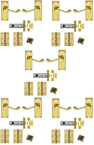 Jiyo.Outdoor 5 Sets Polished Brass Finish Victorian Scroll Door Handles Internal Set Comes with 3 Hinges and 64mm Tubular Latch- 120mm x 42mm