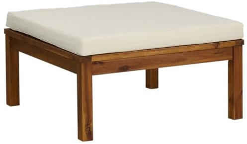 vidaXL Akazienholz Massiv Fußhocker mit Cremeweißem Kissen Gartenhocker Sitzhocker Fußbank Hocker Gartenmöbel Holzhocker Outdoor Terrasse