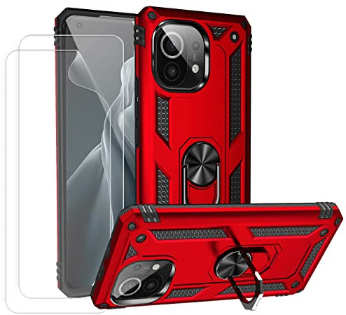 JOYTAG Hülle für Xiaomi Mi 11/Mi 11 5G Hülle,handyHülle+Schutzfolie [2 Stück] Silikon TPU 360 Grad Drehring aus Halter magnetisch Autotelefon case-Rote