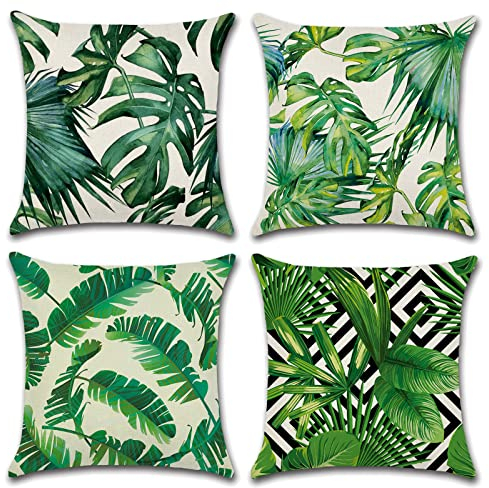 OCEUMACO Leinen Kissenbezug 50x50 Dschungel Blätter Kissenhülle 4er Set Quadratisch Sofakissen Dekokissen Bezug für Couch Sofa Kissen Kissenbezüge Outdoor Deko Zierkissen Couchkissen - Grün
