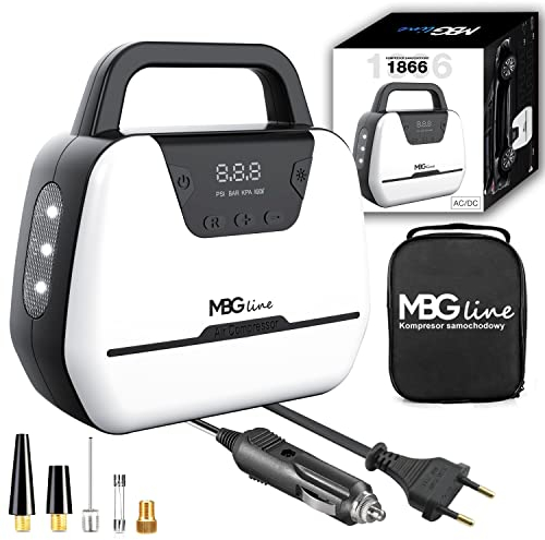 MBG line® Compressore aria portatile auto 1866, pompa elettrica 12V 230V | mini compressore con display digitale, luce LED e set di adattatori | pompa d'aria per auto, moto, bicicletta e altro ancora