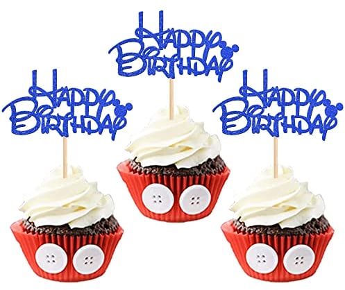 24 Pack Happy Birthday Cupcake Toppers Glitter Mickey Mini Mouse Inspired Birthday Cupcake Food Picks Baby Shower Kids Boys Birthday Party Cake Decorations Blue Supplies