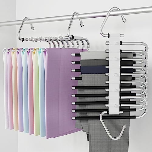 Grucce per pantaloni a 9 ripiani, salvaspazio, 2 pezzi, pieghevoli, antiscivolo, multifunzione, con ganci per pantaloni, sciarpe, jeans (nero con 10 clip)