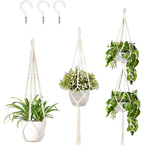 Fayavoo Macrame Plant Hangers Indoor/Outdoor, 3 Pack Wall Hanging Planter Basket Cotton Rope Flower Pot Hangers with 3 Hanging Hooks for Ceiling, Outdoor Garden Home Decor, Natural