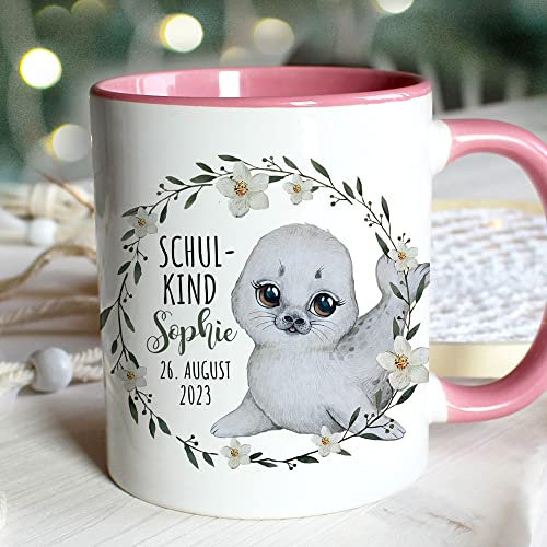 Tasse Emaille Becher zum Schulanfang zur Einschulung Seehund Robbe weiß Blumen Kranz Spruch Schulkind Wunschname Datum Geschenk ts2132 - ausgewählte Größe: *2. Tasse rosa*