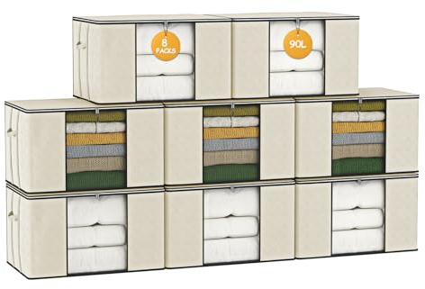 8 STK90L Aufbewahrungstasche Aufbewahrungsbox mit Deckel Groß Umzugskartons Kleideraufbewahrung mit Verstärkt Griff Faltbare Aufbewahrungboxen für Bettdecken Bettzeug Aufbewahrung Kleiderschrank Beige