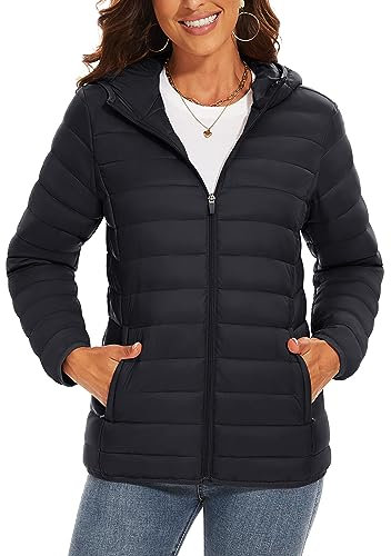 TAVCASEN Womens Puffer Jackets Casual Lightweight Down Coats Outdoor Zip Up Warm Soft Waterproof Quilted Jacket,Black,M