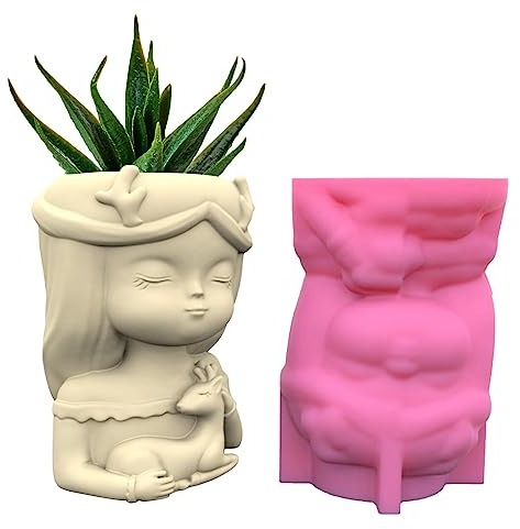 Blumentopf Beton Gießform - Silikonform Mädchen Kopf Pflanzentopf Epoxidharz Form - Handgemachte Blumentopf Epoxidharz Silikonform - DIY Sukkulenten Pflanzgefäße Vase Formen (Mädchen und Hirsch)