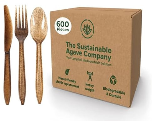 Sustainable Agave Co – Agavenfaser-Besteck-Set – 24 Biofilm verpackte Sets / 72 Stück – biologisch abbaubar, pflanzlich, hergestellt aus recycelten Materialien, braune Gabeln, Messer, Löffel und