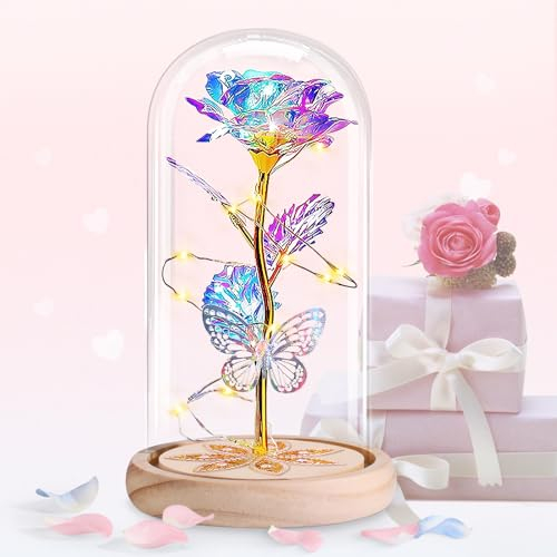 BOLEi Galaxie Rose für Mama, Rose im Glas mit LED Licht für Frauen, Oma, Freundin, Überraschungsrose für Frau, Rosen Dekoration für Bücherregale, Nachttische(Galaxy Roses Bunter Schmetterling)