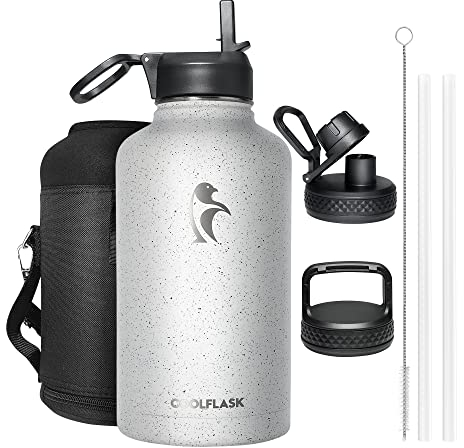 Coolflask Insulated Water Bottle 2L, Half Gallon Water Jug with Straw & 3 Lids, Large Insulated Water Bottle, Stainless Steel Vacuum Water Bottle for Gym, Sports and Travel, Starry White