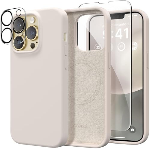 GONEZ Magnetic for iPhone 13 Pro Case, Compatible with MagSafe, [Screen Protector + Camera Protection], Shockproof Silicone Slim Phone Case 6.1″, Soft Anti-Scratch Microfiber Lining,Stone