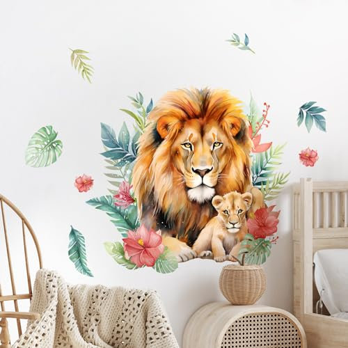 Supzone Wandtattoo Dschungel-Löwe Wandaufkleber Safaritiere Löwenmutter und Junge Wandsticker Jungenzimmer Wand Dekor für Kinderzimmer Babyzimmer Schlafzimmer Wanddeko