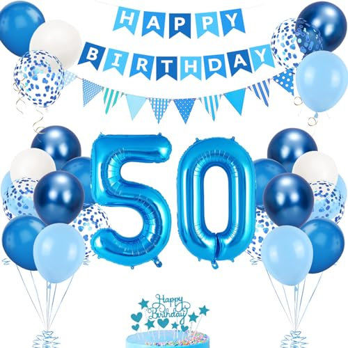 50. Geburtstag Deko Blau, Luftballon 50. Blaue, Geburtstagsdeko 50 Jahr, Junge 50 jahre Luftballon deko Blau, Zahl 50 Helium Luftballons Tortendeko Blau Weiß Ballons für Geburtstag Party Deko