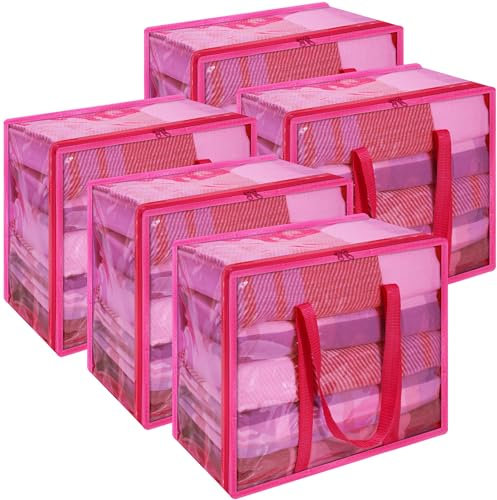 Vieshful 5 Pack Clear Storage Bags Clothes Storage Bags with Zips 40L Transparent Underbed Storage for Clothing, Blankets, Duvet, Pillow, Pink