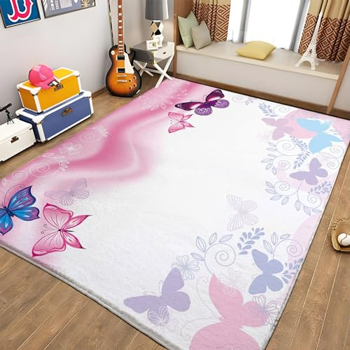 Generic Rosa Home Waschbarer Teppich Rosa Und Schmetterling Modern Designer Kurzflor Teppich Pflegeleichte Waschbare Teppiche für Wohnzimmer, Schlafzimmer, Esszimmer Teppich 120 x 170cm