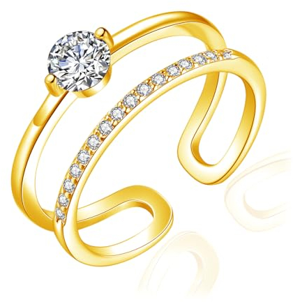 Josfeva 925 Sterling Silber Damen Ring - Doppelte Zirkonia, Einstellbar Minimalistischer Knuckle Ring, Einfach Daumenring, Trendy Stapelring, Gold Offen Infinity Wickelring