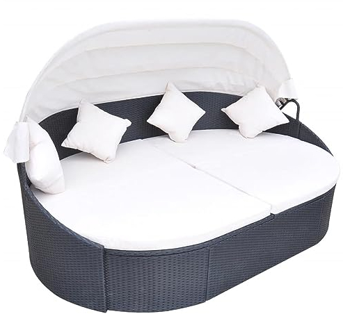 Hommdiy Sonnenliege mit Dach Sonneninsel Strandkorb Muschel Gartenmöbel Sitzgruppe Liege Insel Lounge Rattanmöbel Poly Rattan Schwarz