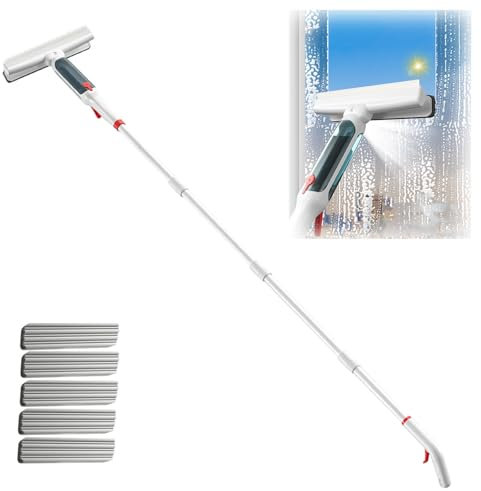 RYJYQYX 4 en 1 Spray Limpia Cristales con Mango Extensible(190cm), Limpiacristales Profesional con Colector De Aguas Residuales Y 5 Paños para Ventanas Altas Interior/Exterior