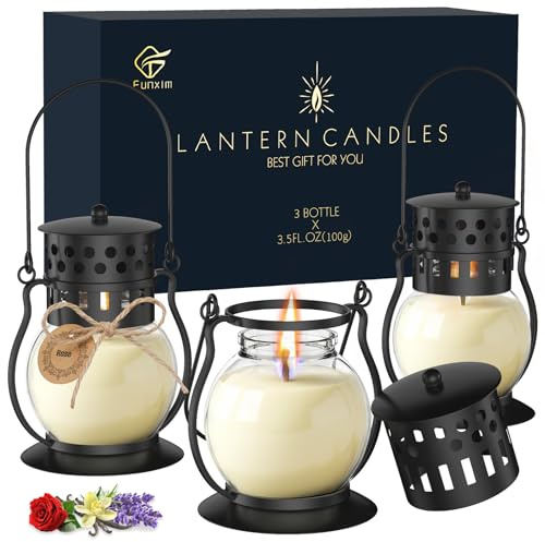 Scented Candles Gift Set - 3 Pack Candles for Home Scented Retro Lantern, Fall Candle Set Perfect for Women, Birthday, Yoga, Weddings, Christmas - Soy Wax Candle Vanilla, Rose, Lavender