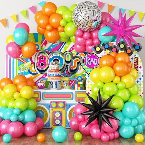 Décorations de fête sur le thème des années 80 et 90, kit d'arche de ballons arc-en-ciel fluo avec ballons en aluminium noir, rose vif, étoile explosion et boule disco pour fête d'anniversaire Hip Hop