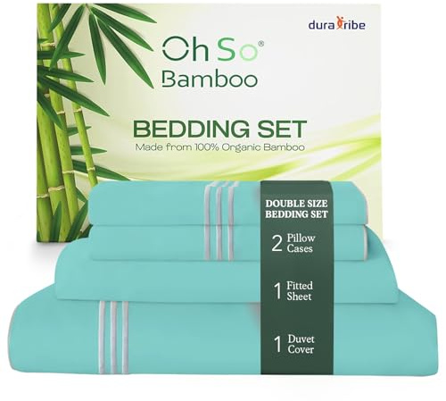 Oh So Bamboo Bedding Set 4 Piece Double - Duck Egg Blue - Hypoallergenic Duvet Cover, Fitted Sheet & 2 Pillowcases Made from 100% Organic Bamboo Viscose Cooling Silky-Soft & Smooth Material