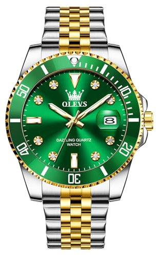 OLEVS Bicolor Herren Armbanduhr Grün Zifferblatt Diamant Edelstahl Uhr Herren mit Datum Elegante Analog Uhren für Männer wasserdichte Leuchtende Business Kleid Herrenuhren Metallarmband Geschenke