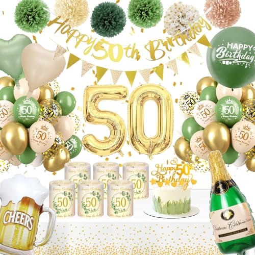 Deko 50 Geburtstag Frau,WINAROI 50 Geburtstag Frauen Grüne Gold mit Windlicht Tischdeko, Happy Birthday Banner,Tischtuch, Pompons