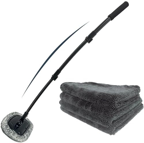 15° Brosse Lavage Voiture Manche Telescopique 44 Balai Nettoyage Pinceaux Kit, Brosse de Lavage Anti-Rayures pour Camping-Cars, camions et Motos, avec Serviette absorbante en Microfibre (90 x 60 cm)
