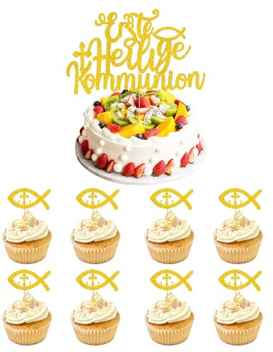 Qaziuy Cake Topper Erstkommunion Fisch Muffin Toppers Tortendeko, 17 Stück, Gold, Gelb, Hochwertiges Papier, 16.8 cm, Tortenstecker, Cake Topper, Erstkommunion, 22936600031