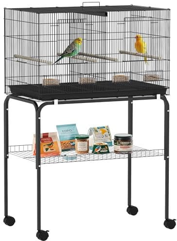 PawHut Vogelkäfig mit Trennwand, Käfig mit Rädern für Haustiere, Vögel, Papageien, Kanarienvogel, mit Futterstangen, Sitzstangen und abnehmbarem Tablett, 76 x 46 x 116 cm, Schwarz