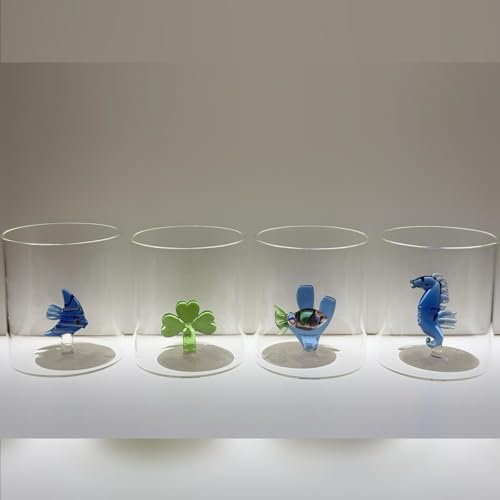 Generico Set 4 Bicchieri in Vetro Borosilicato - Fantasia Mare - 250ml con Decorazione in Vetro Colorato Interna lavabili in lavastoviglie
