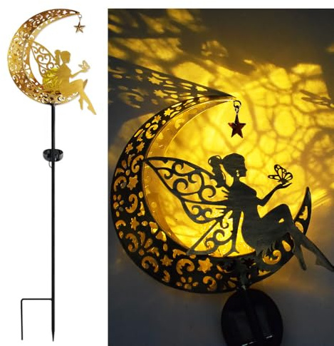 YZYOE Lumière de fée Fleur Lune alimentée par Le Soleil, Jardin décoratif en Fer forgé Belle lumière de Terre fée, crépuscule sans Fil à l'aube Lampe LED imperméable.
