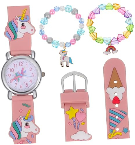 SOIMISS Mädchen Uhr und Armband mit Einhorn, Rosa, 3 Stück | Quarzwerk, Herzperlen und Perlenarmband, Geschenk für Geburtstag und Weihnachten